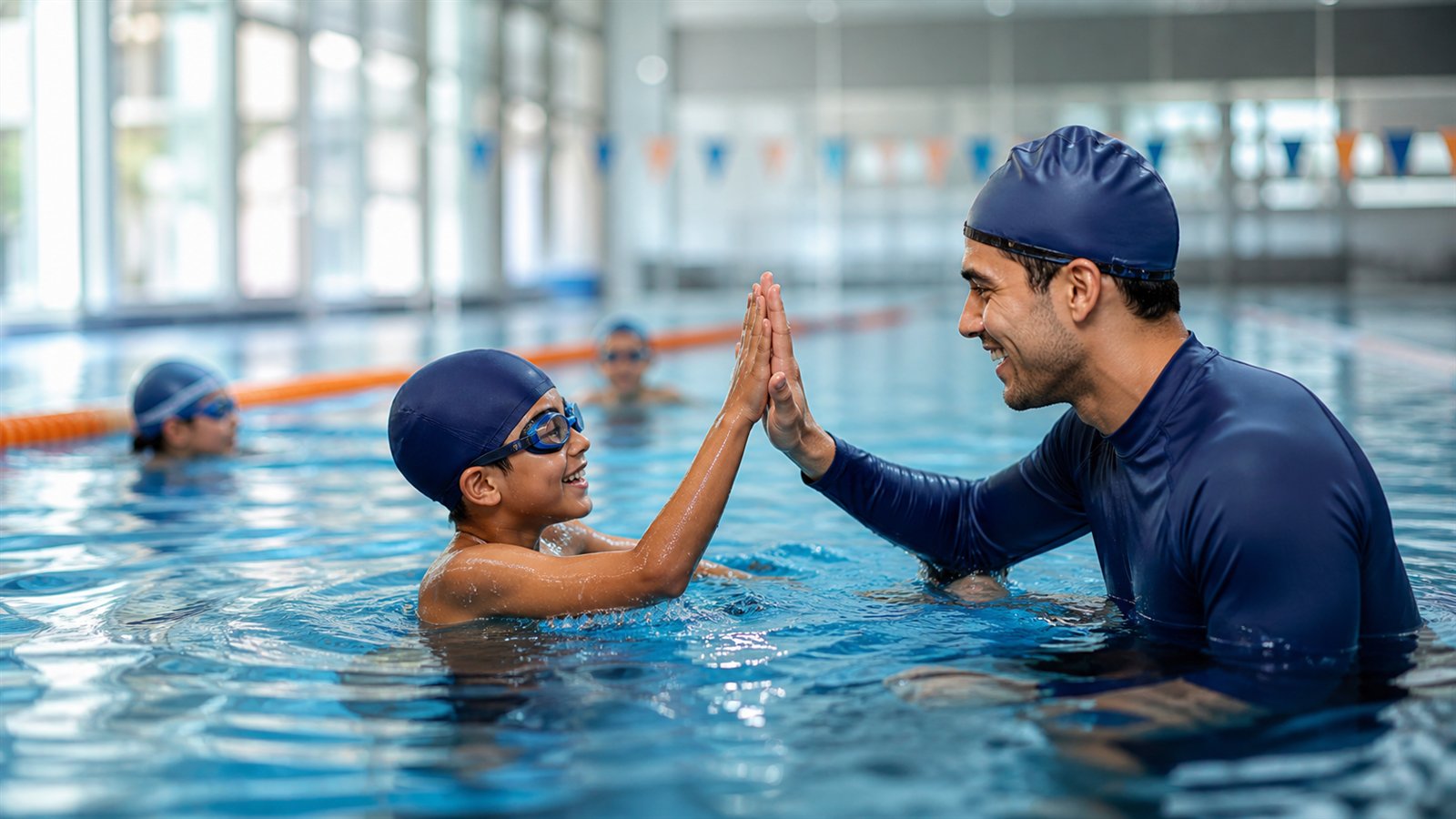 Instructor acompañando a un niño durante una clase de natación