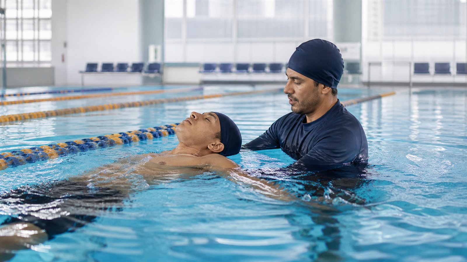 Instructor guiando a un adulto en una práctica de flotación